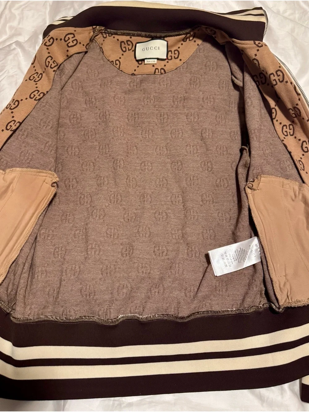 Gucci Brown GG Logo Track Jacket with Red & Blue Sleeve Stripes